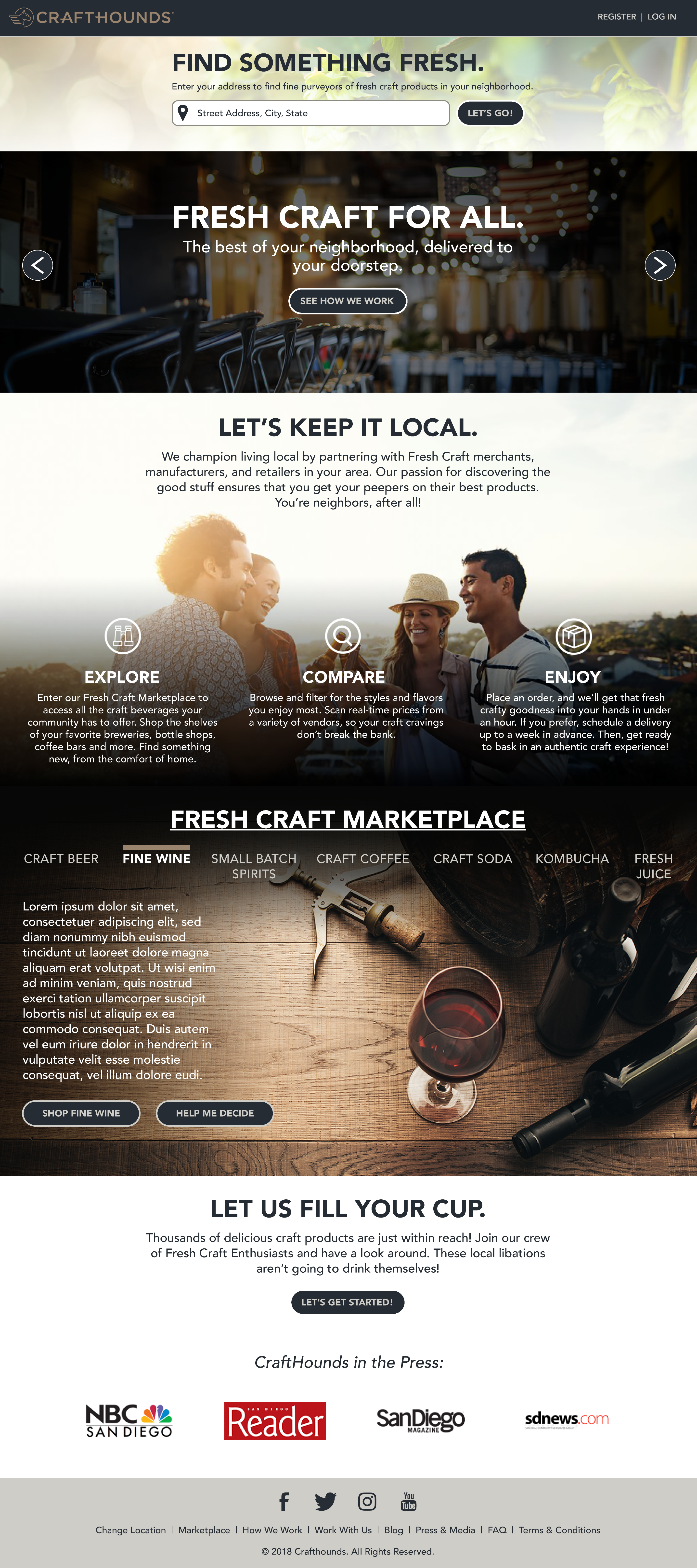 A late stage high-fidelity mockup of the landing page, styled for desktop displays.